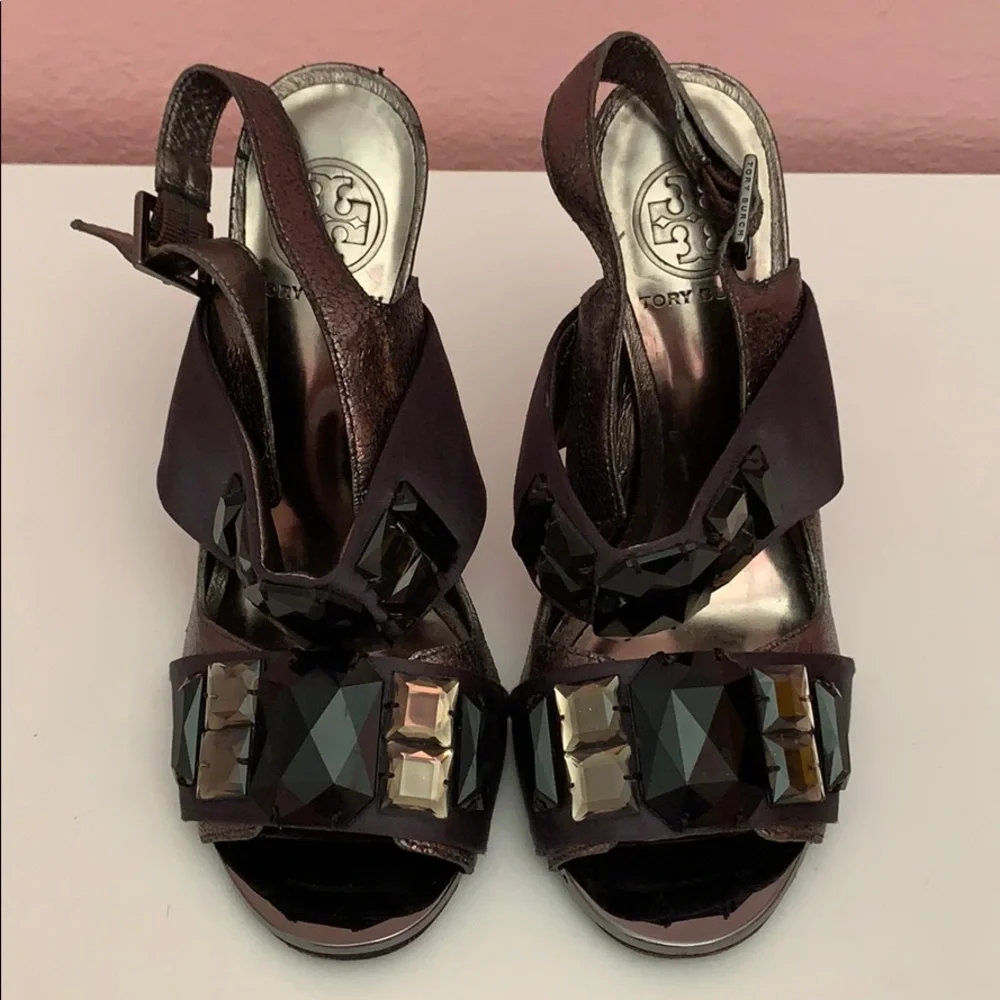 Tory Burch Bronze and Black Jeweled Slingback Heels